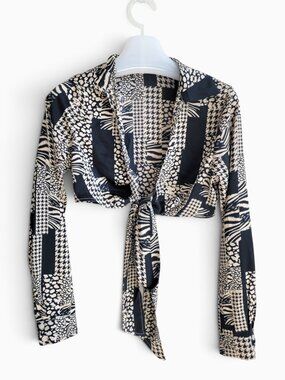 French Kiss S Patchwork Mixed Print Cropped Wrap Tie Front Blouse Y2K